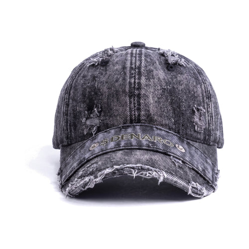 Denaro Denim Cap in washed black denim, front view on a white background