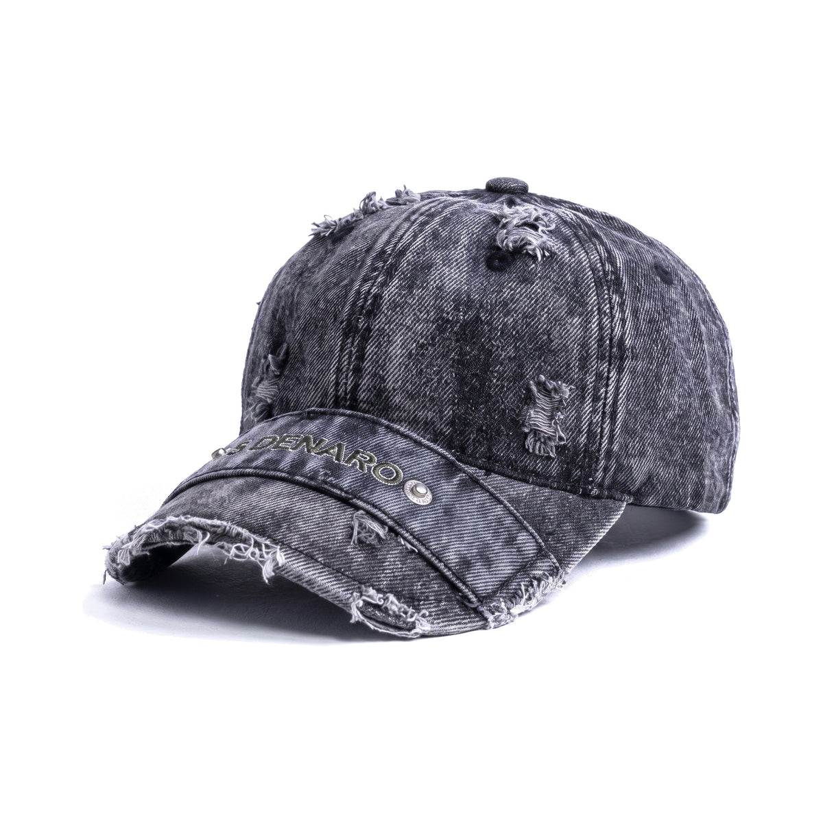 Denaro Denim Cap in washed black denim, three-quarter view on a white background