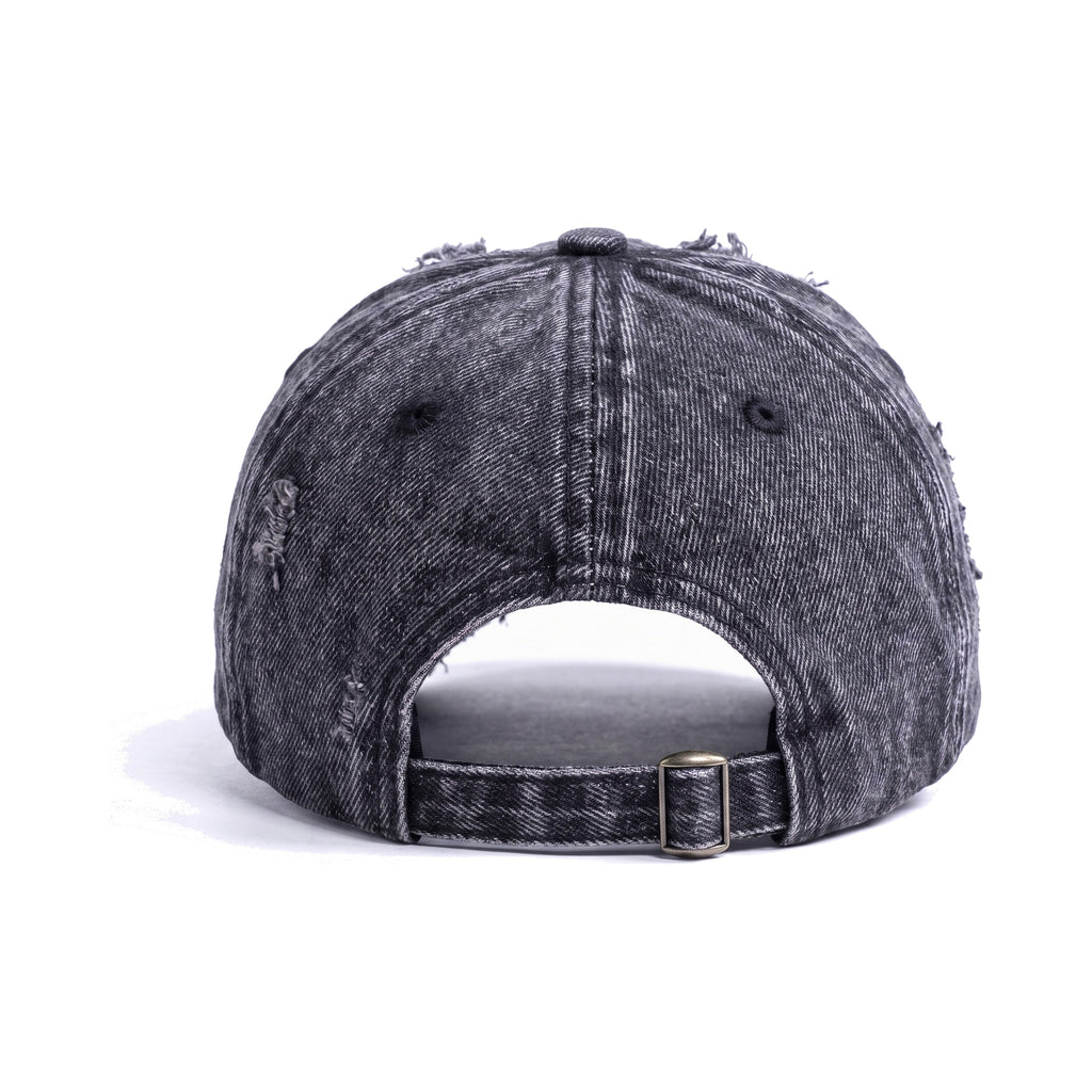 Denaro Denim Cap in washed black denim, rear view on a white background