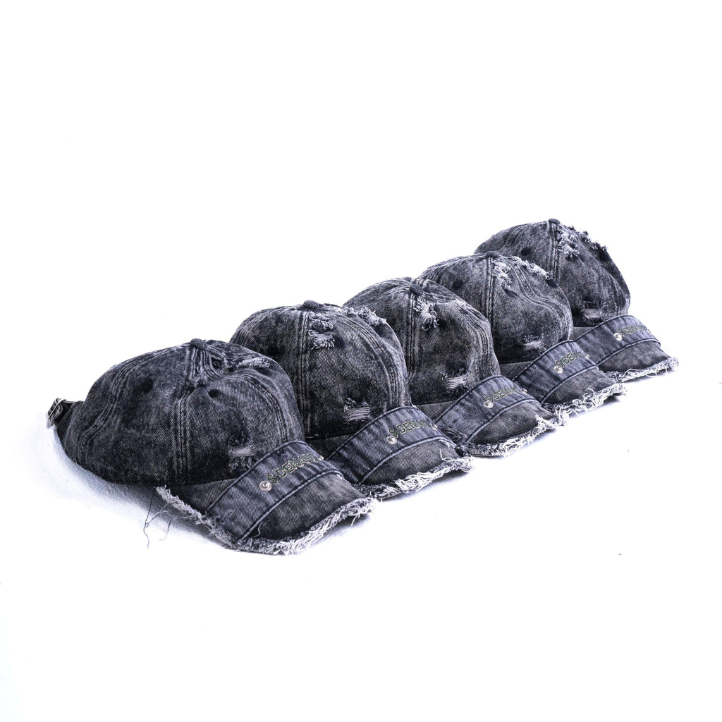 Denaro Denim Caps in washed black denim, five caps in a row on a white background