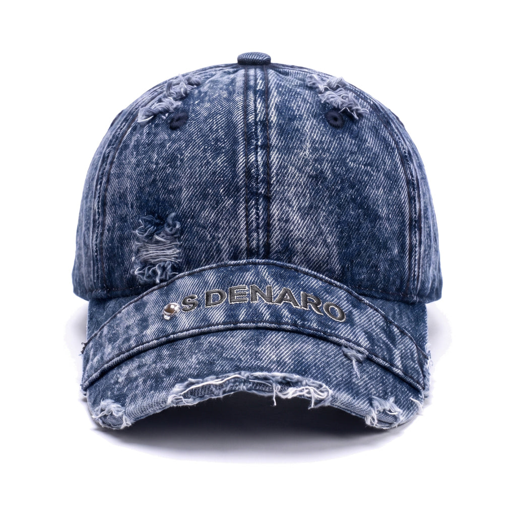 Denaro Denim Cap in washed blue denim, front view on a white background
