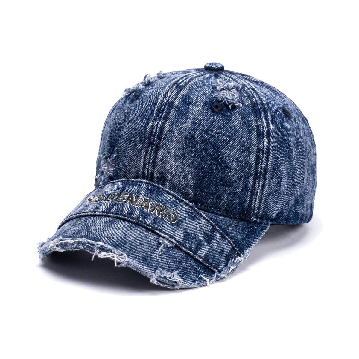 Denaro Denim Cap in washed blue denim, three-quarter view on a white background