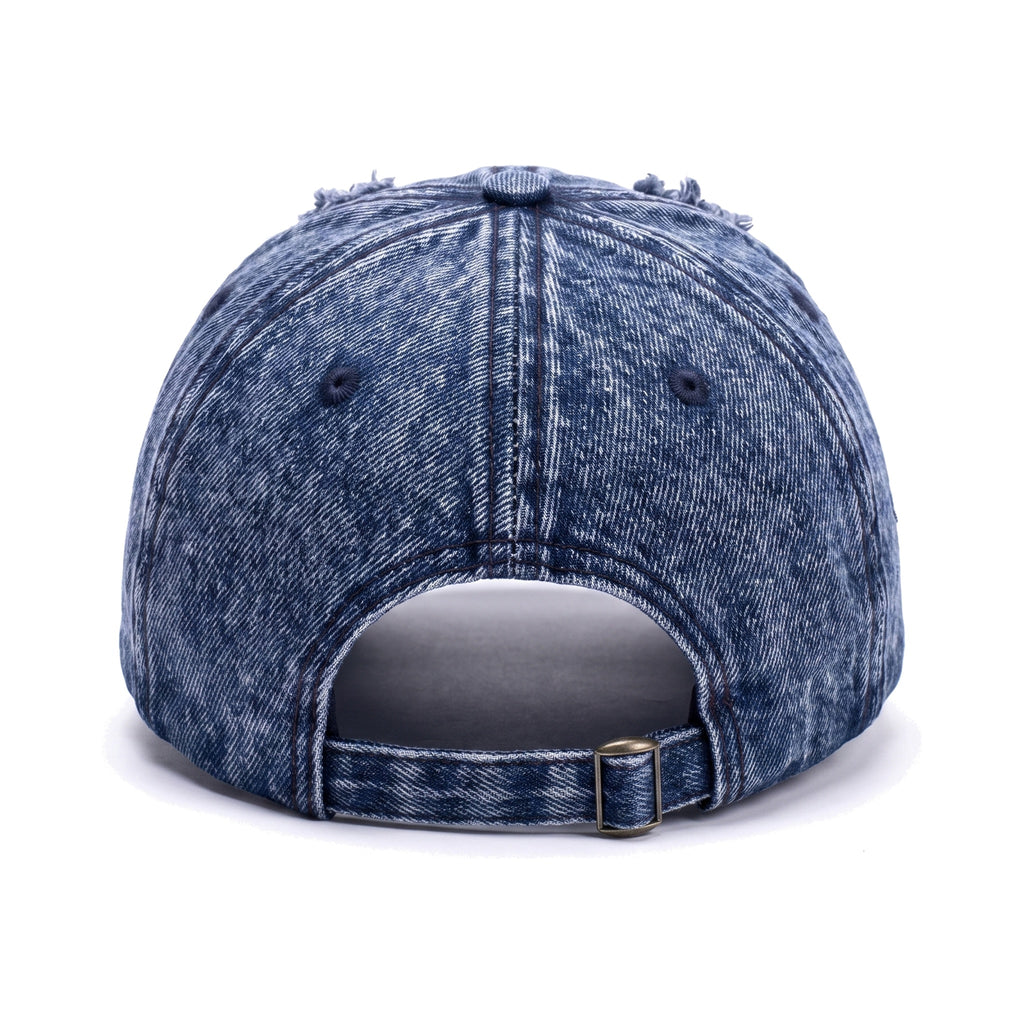 Denaro Denim Cap in washed blue denim, rear view on a white background
