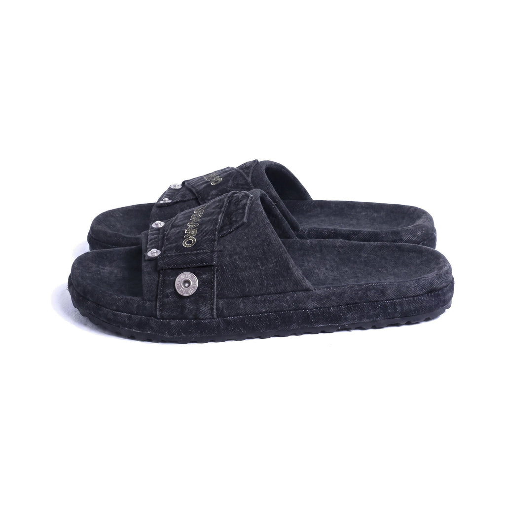 Denaro Denim Slide in black washed denim, side profile of the pair on a white background