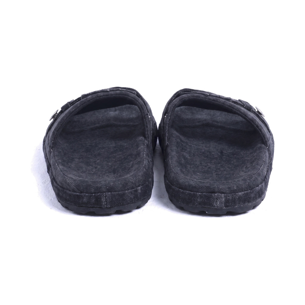 Denaro Denim Slide in black washed denim, pair viewed from behind on a white background