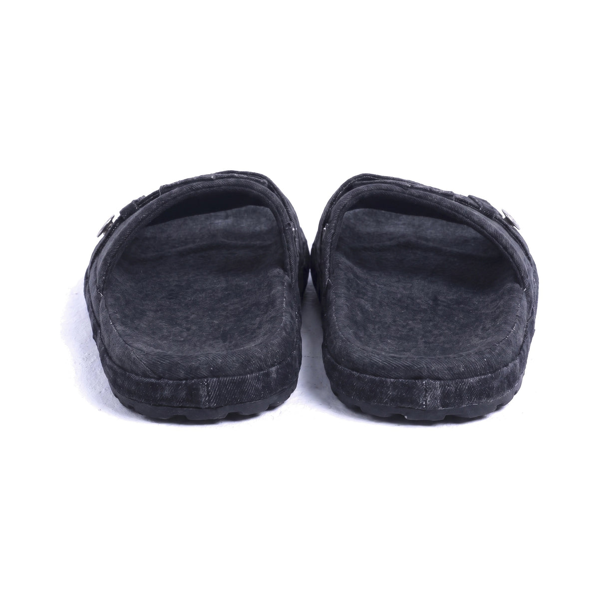 Denaro Denim Slide in black washed denim, pair viewed from behind on a white background