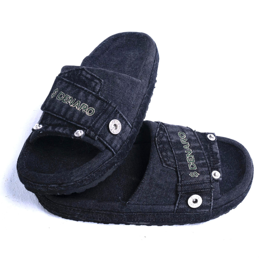Denaro Denim Slide in black washed denim, pair shown from above on a white background