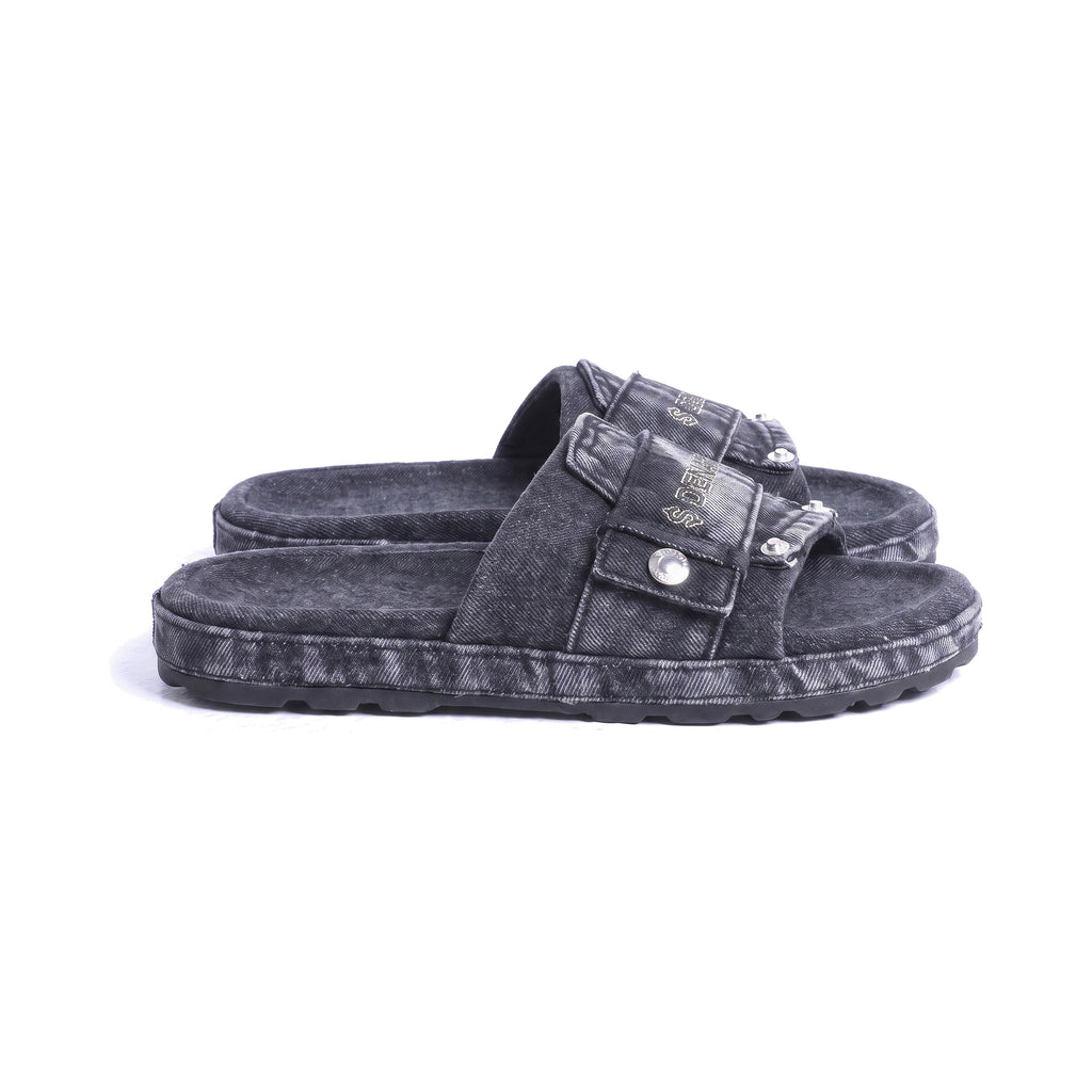 Denaro Denim Slide in charcoal acid-wash denim, side profile of the pair on a white background