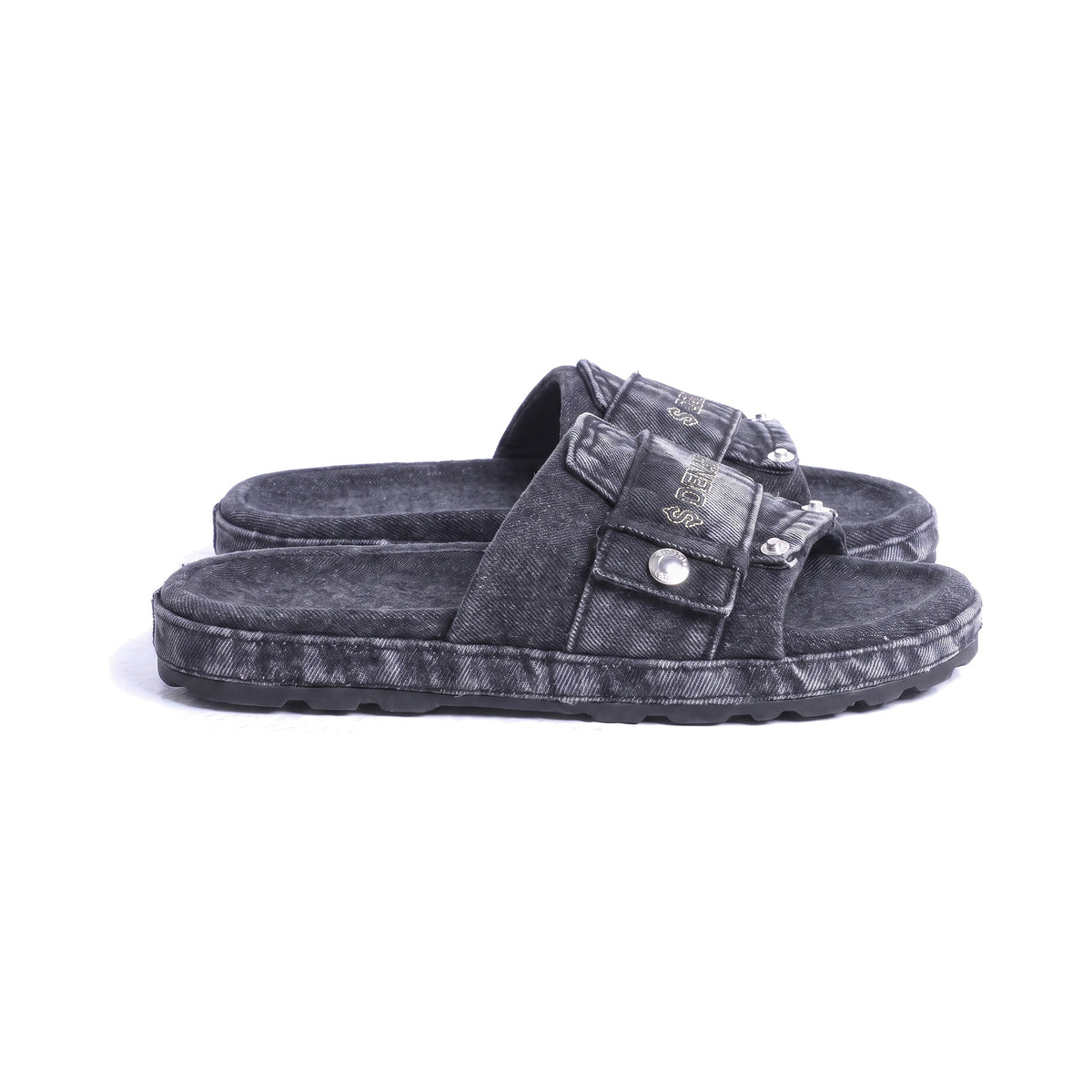 Denaro Denim Slide in charcoal acid-wash denim, side profile of the pair on a white background