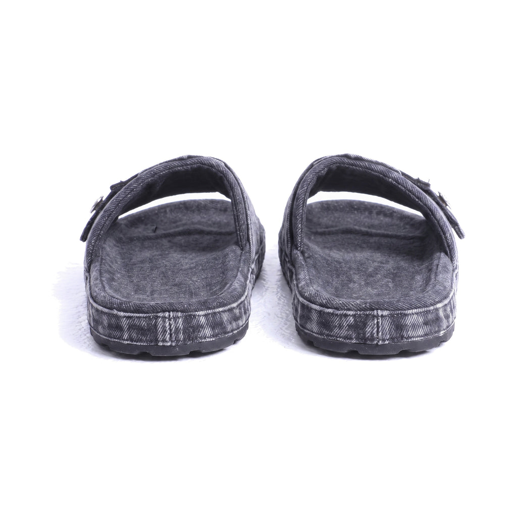 Denaro Denim Slide in charcoal acid-wash denim, pair viewed from behind on a white background