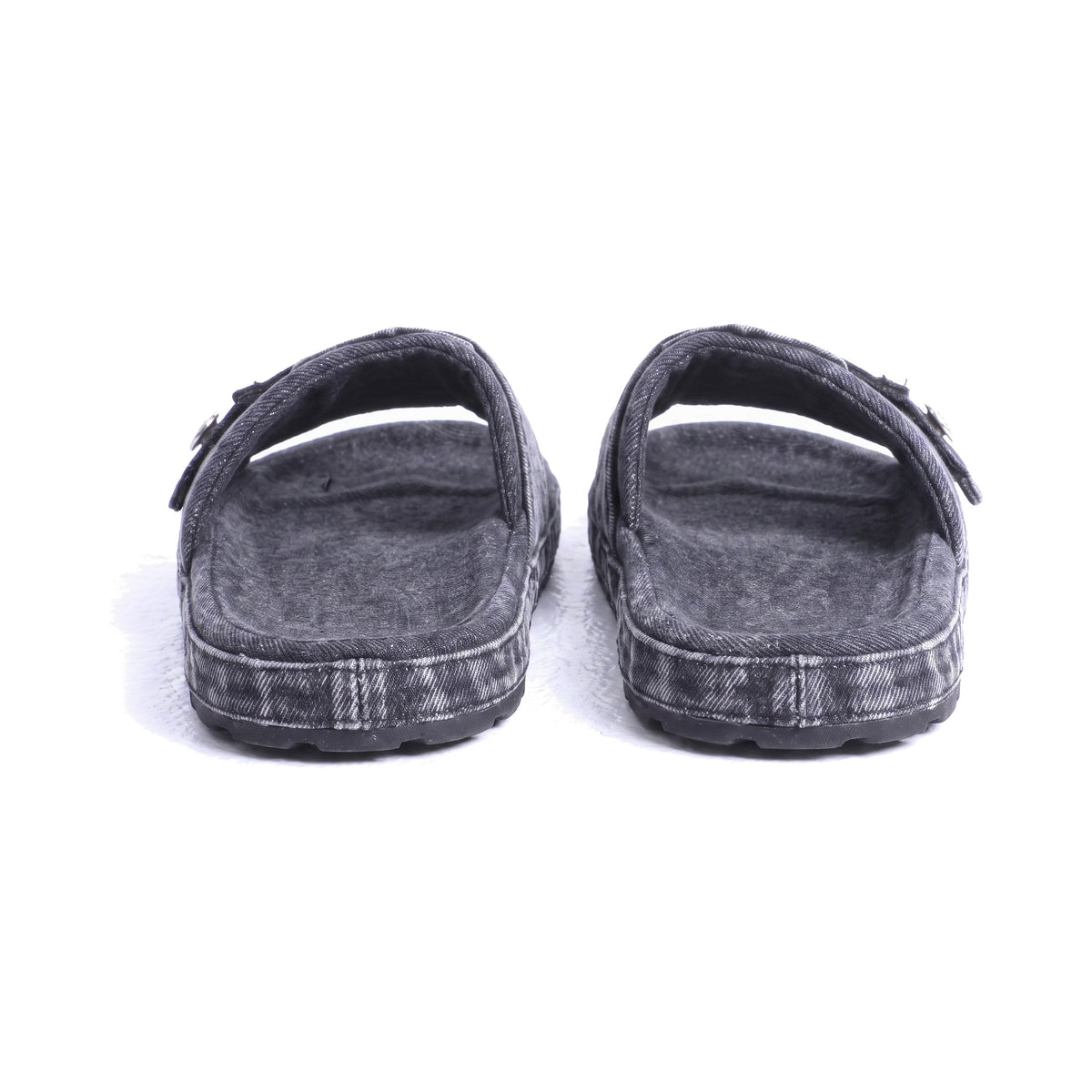 Denaro Denim Slide in charcoal acid-wash denim, pair viewed from behind on a white background