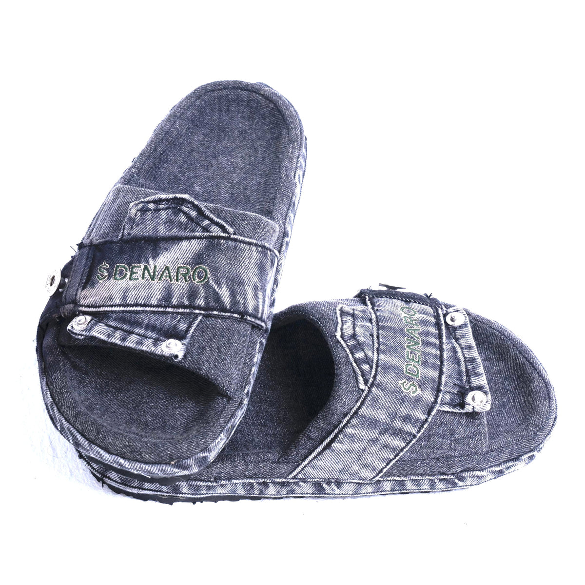 Denaro Denim Slide in charcoal acid-wash denim, pair shown from above on a white background