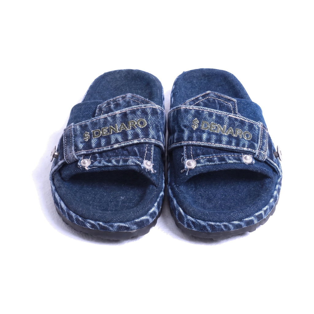 Denaro Denim Slide in deep indigo denim, pair viewed head-on on a white background