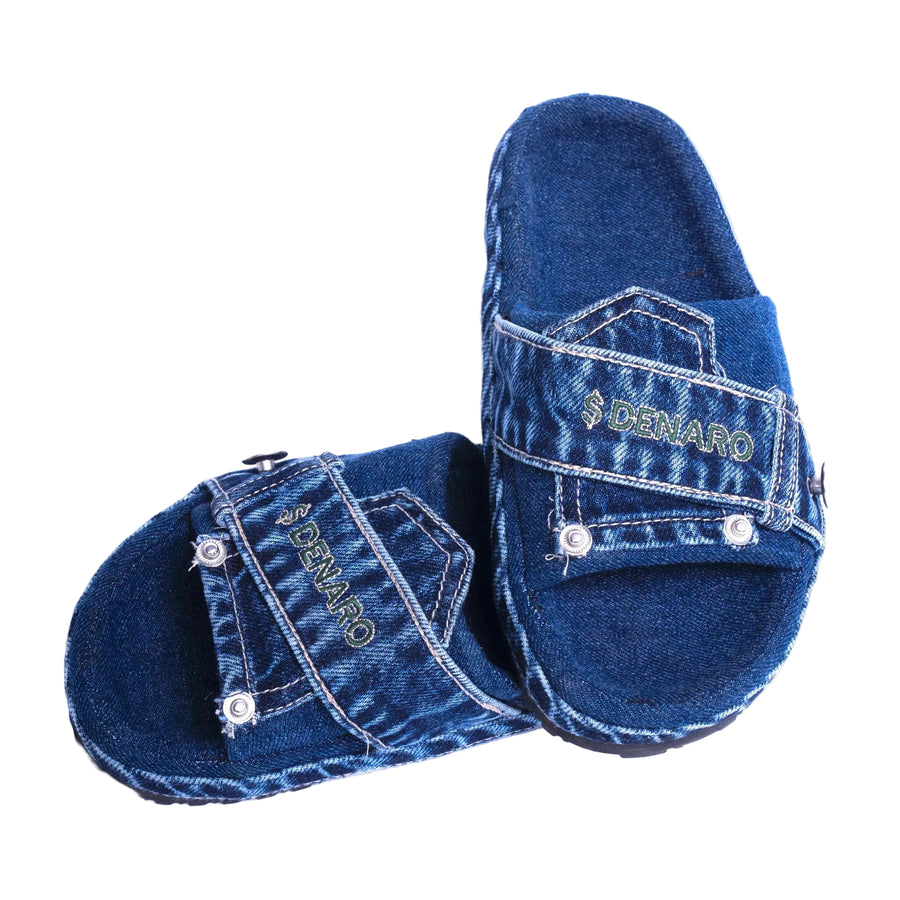 Denaro Denim Slide in deep indigo denim, pair shown from above on a white background