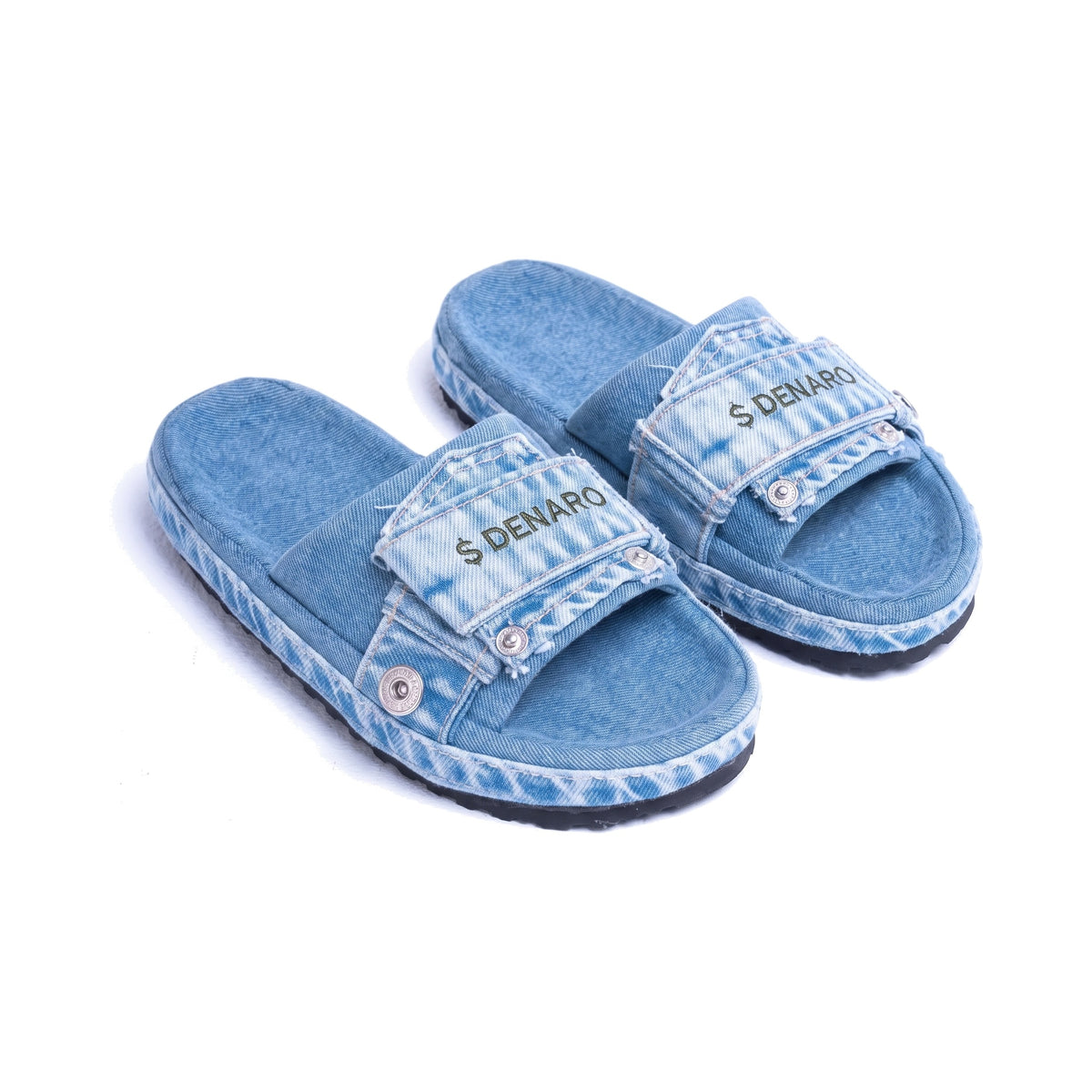 Denaro Denim Slide in light acid-wash denim, pair at a three-quarter angle on a white background