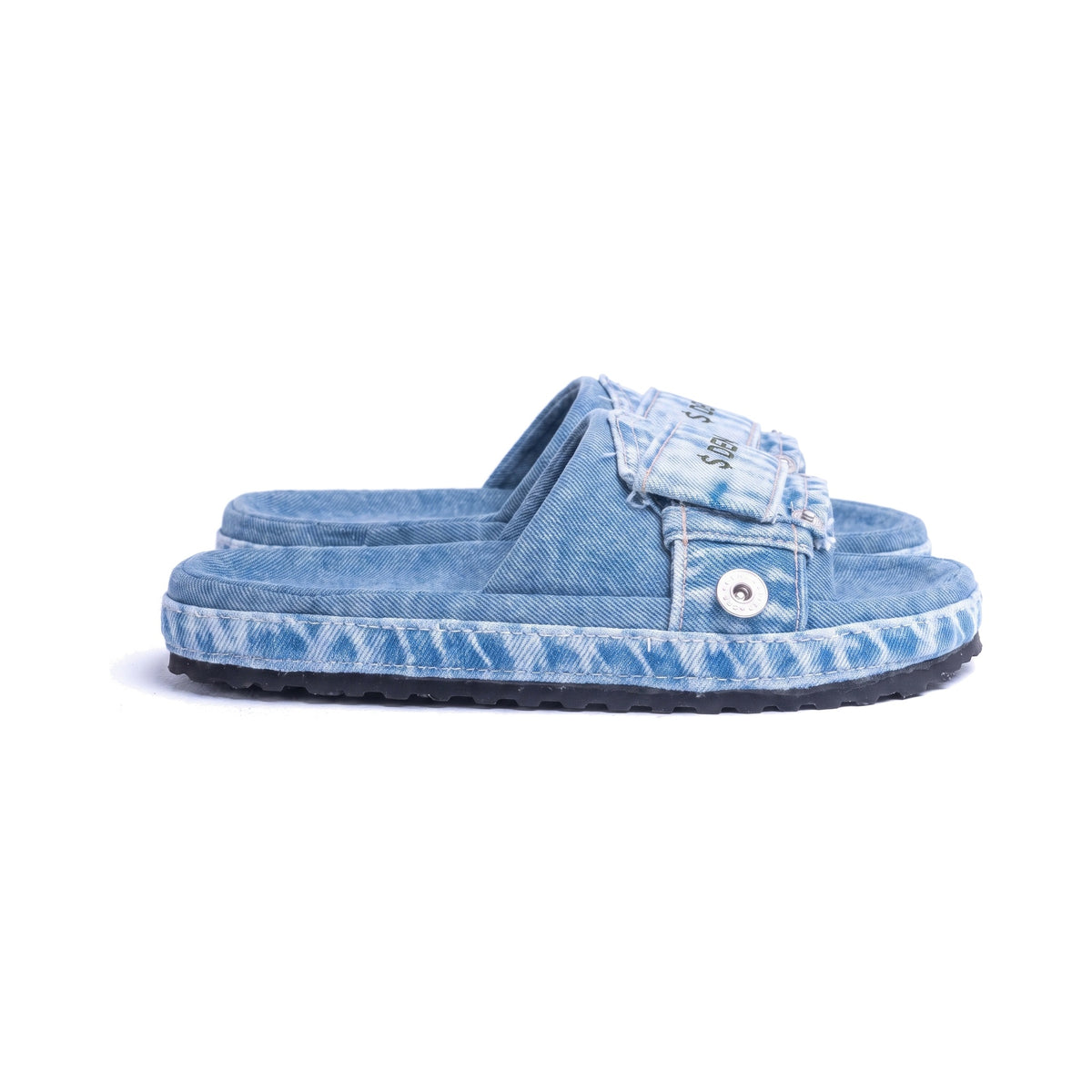 Denaro Denim Slide in light acid-wash denim, side profile of the pair on a white background