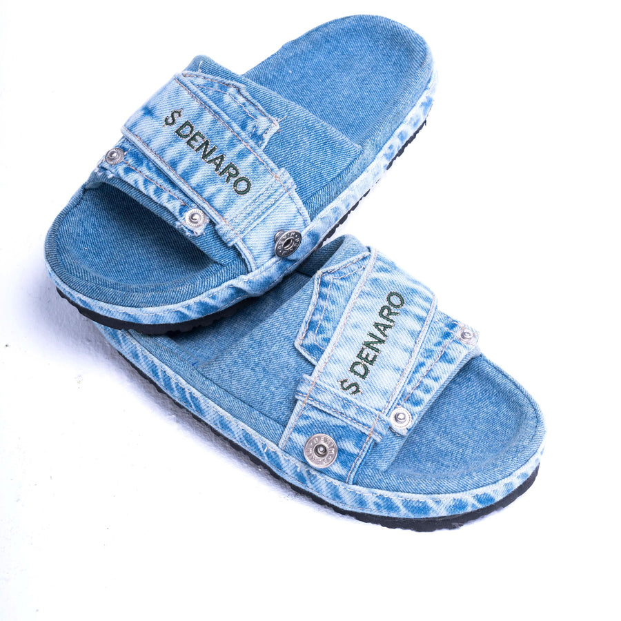 Denaro Denim Slide in light acid-wash denim, pair shown from above on a white background