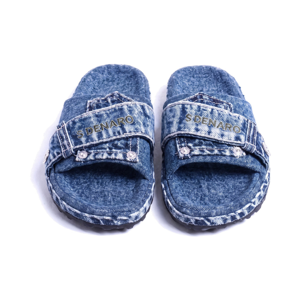 Denaro Denim Slide in mid-blue stone-wash denim, pair viewed head-on on a white background