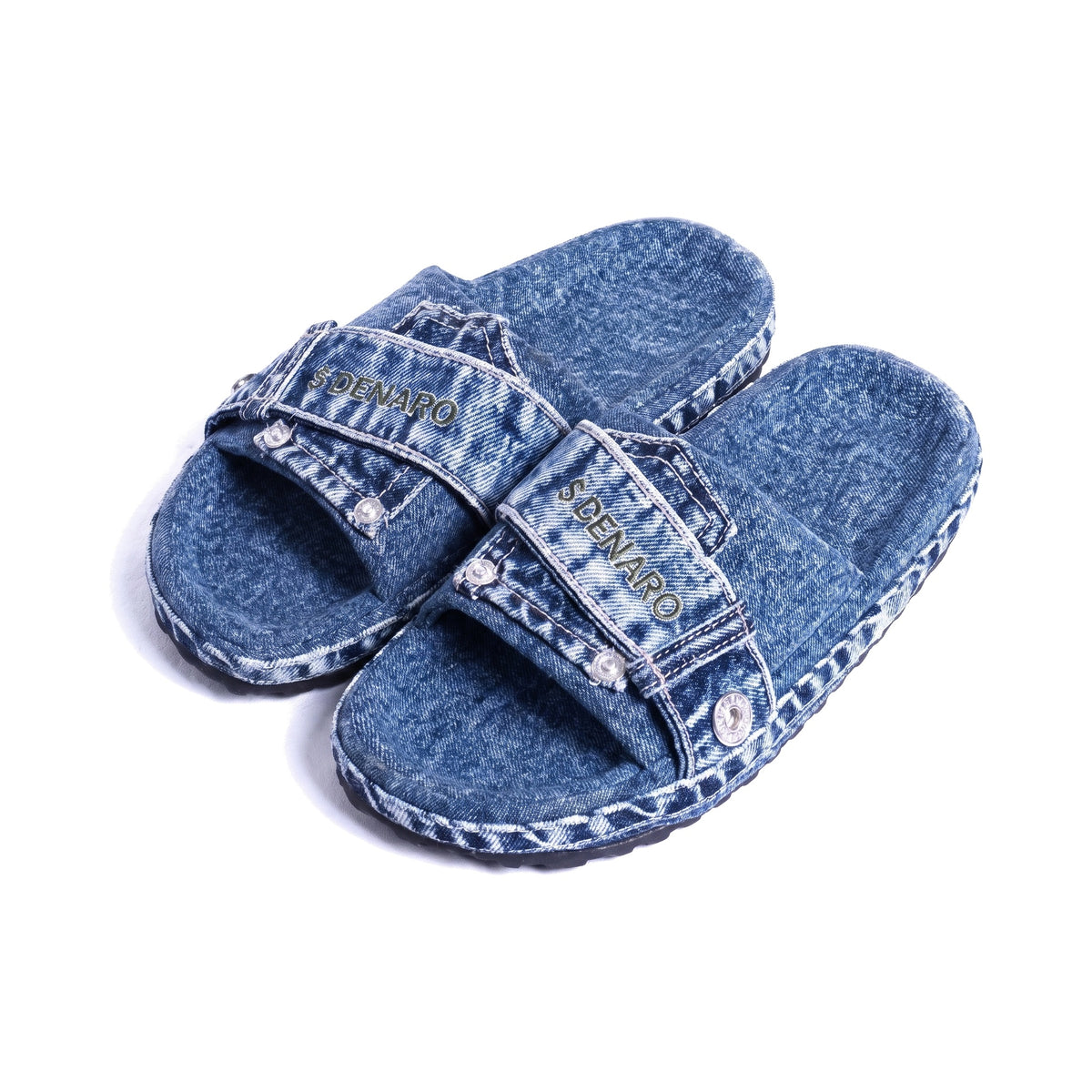 Denaro Denim Slide in mid-blue stone-wash denim, pair at a three-quarter angle on a white background