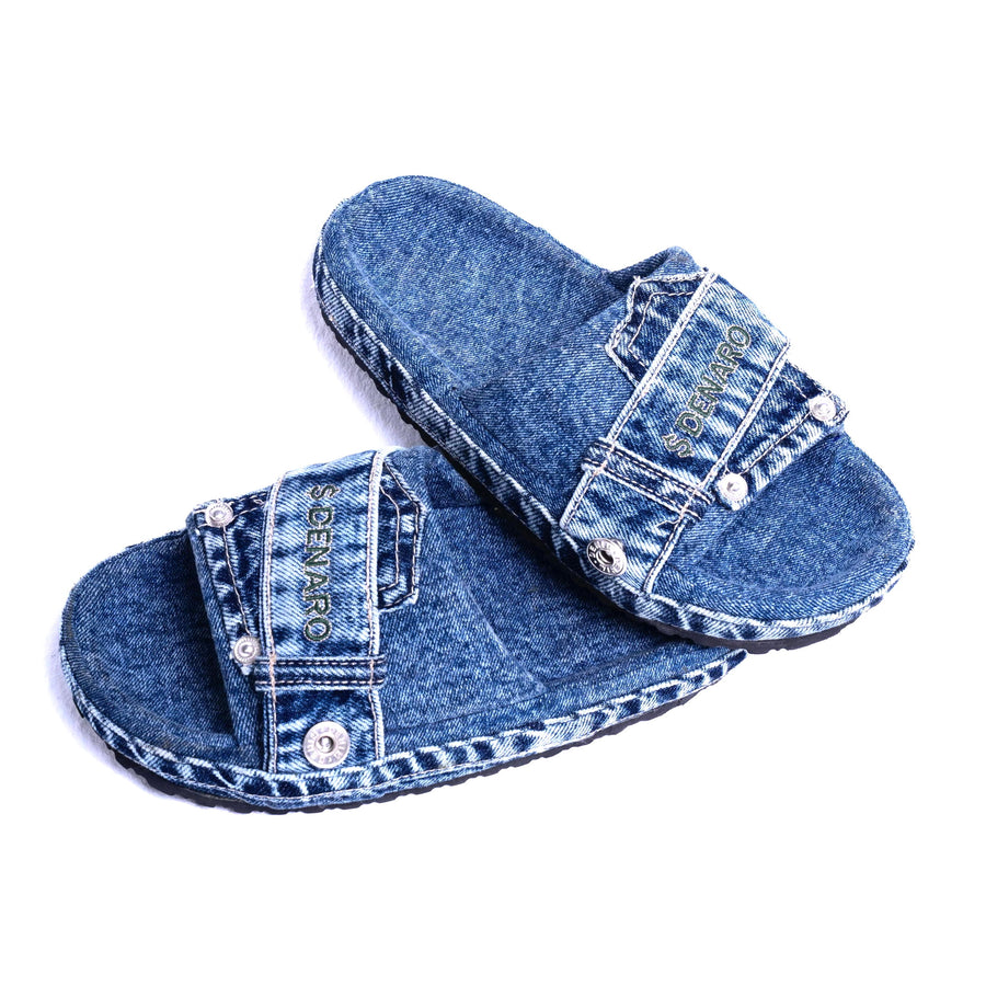Denaro Denim Slide in mid-blue stone-wash denim, pair shown from above on a white background