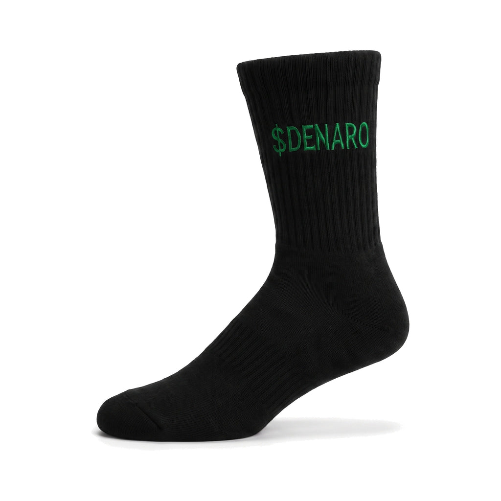 Denaro crew sock in black with the $DENARO wordmark on the cuff, front view on a white background