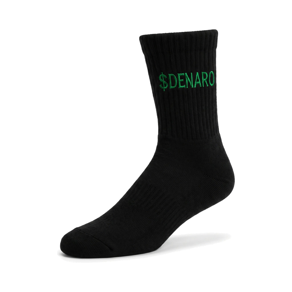 Denaro crew sock in black, three-quarter view on a white background