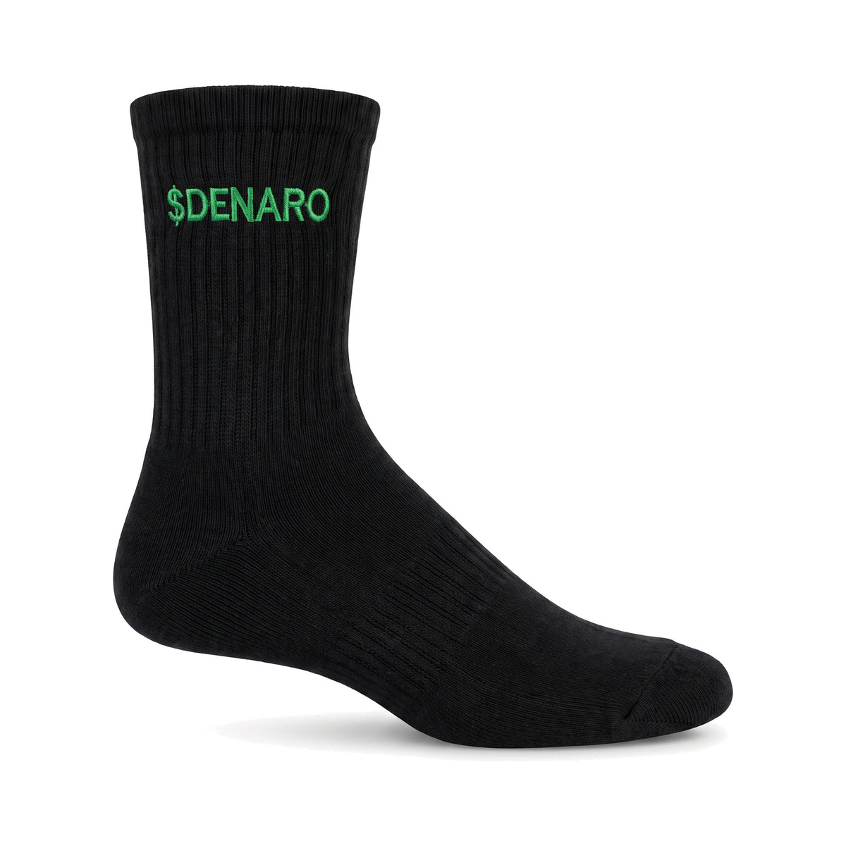 Denaro crew sock in black, side profile on a white background