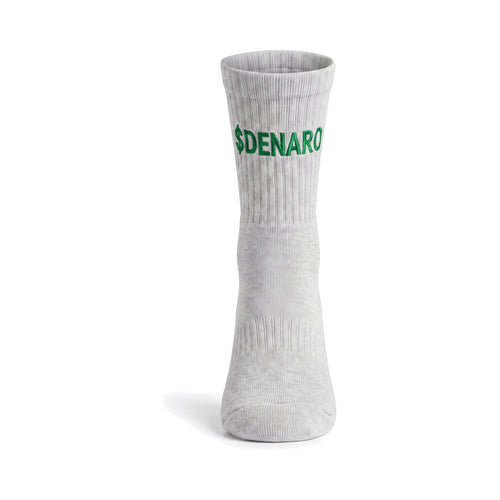 Denaro crew sock in heather grey with the $DENARO wordmark on the cuff, front view on a white background