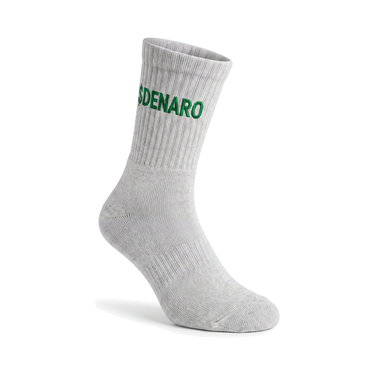 Denaro crew sock in heather grey, three-quarter view on a white background