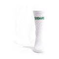 Denaro crew sock in white with the $DENARO wordmark on the cuff, front view on a white background