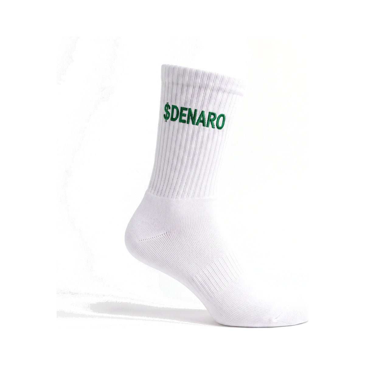 Denaro crew sock in white, three-quarter view on a white background
