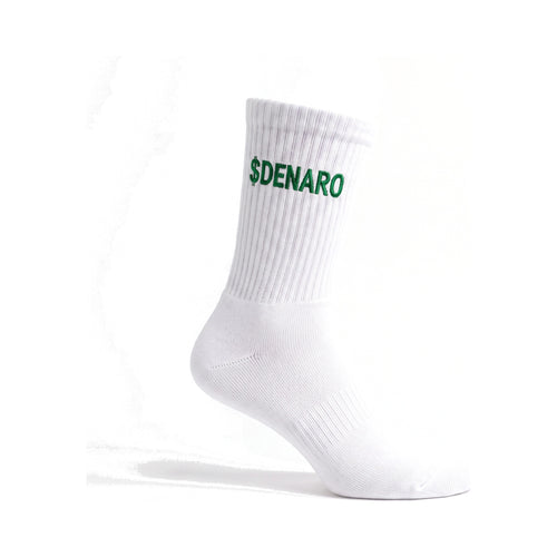 Denaro crew sock in white, three-quarter view on a white background