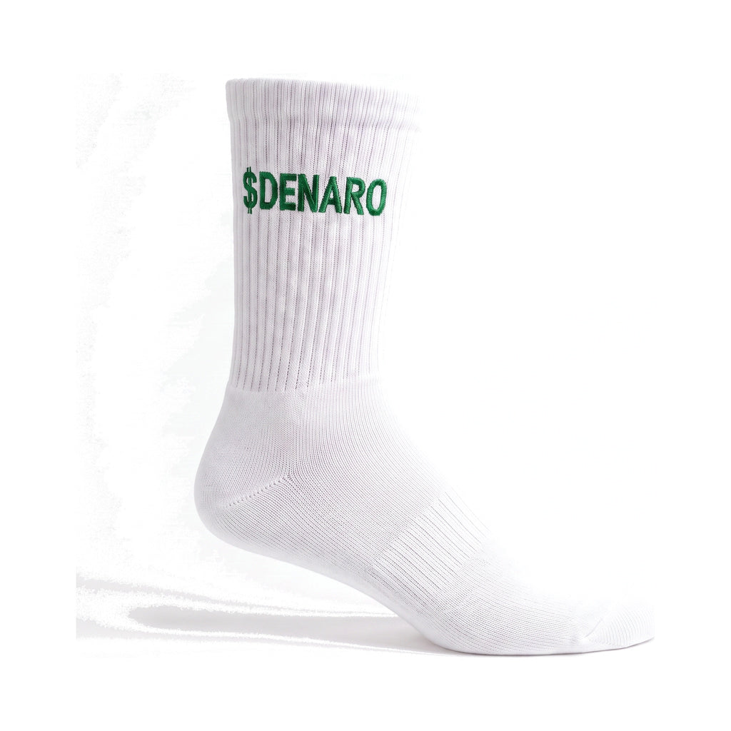 Denaro crew sock in white, side profile on a white background