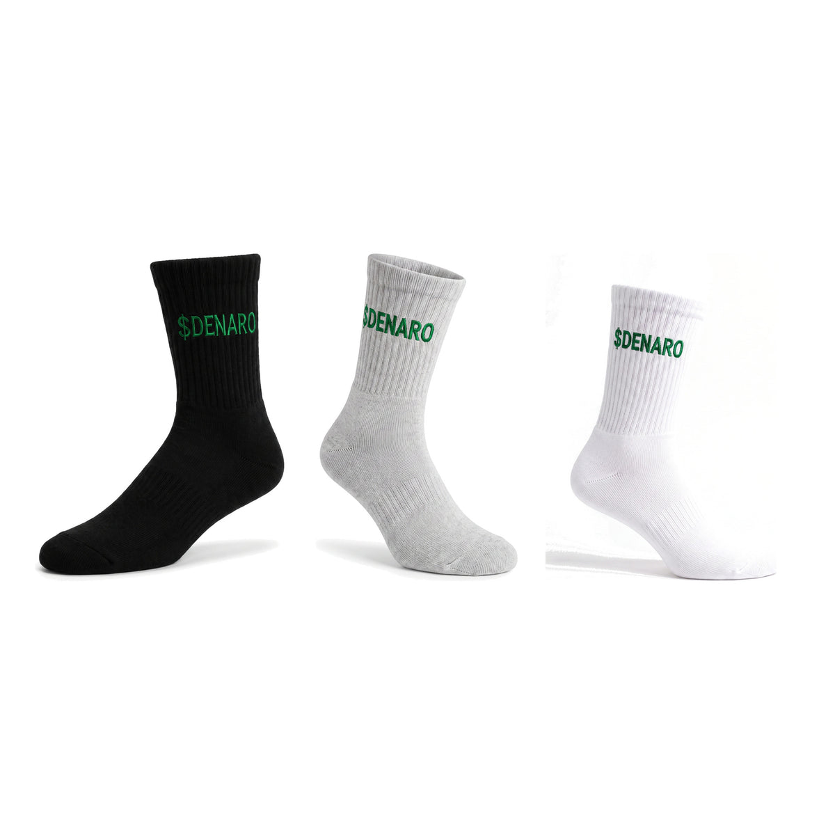 Denaro crew socks three pack in black, grey and white